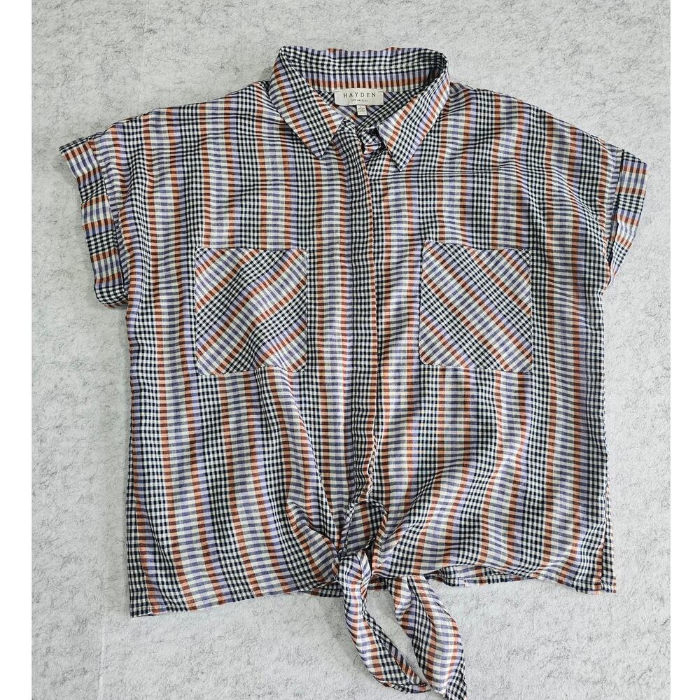Hayden Button Up Blouse, Plaid, Tie Waist, Western, Boho,  Womens Sz L